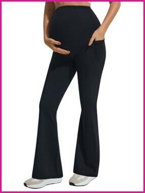 Maternity Flare Leggings Over Belly Pockets Yoga Work Pants